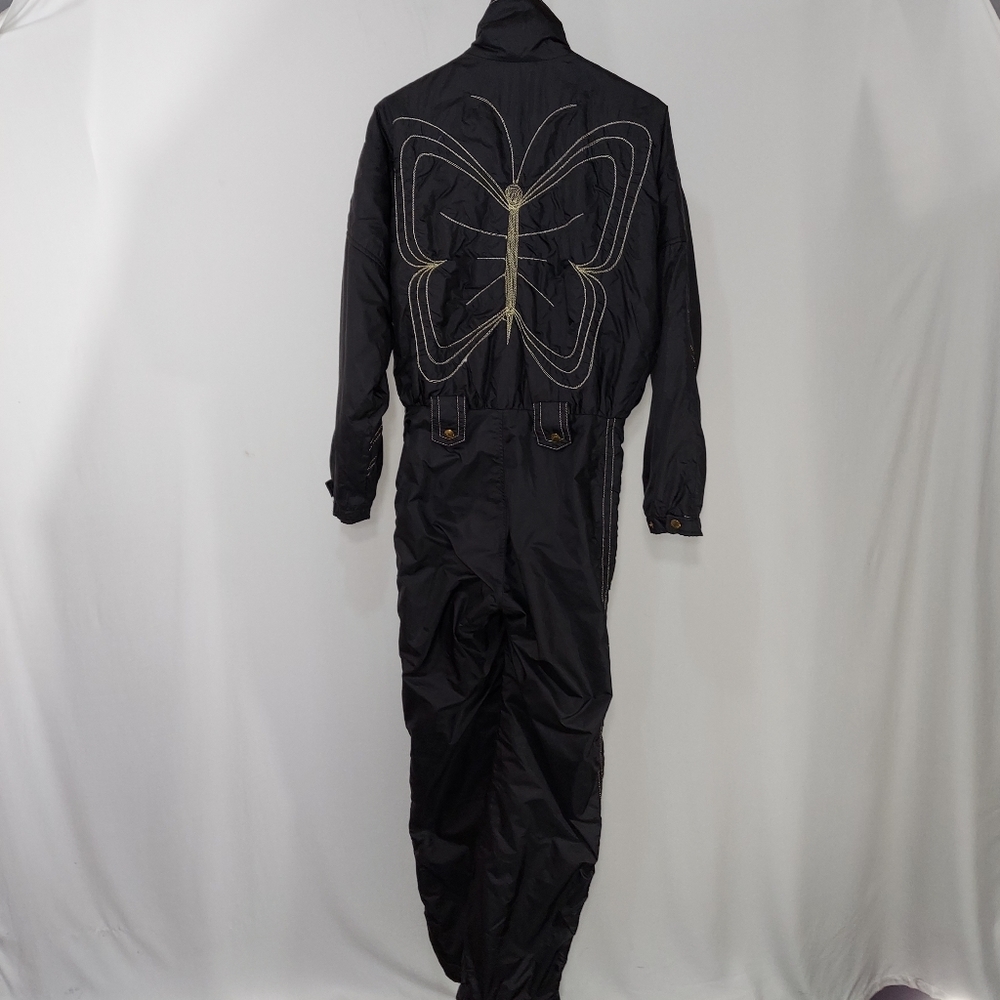 Skea Snowsuit Womens 8 Black Nylon Embroidered Butterfly Zip Pocket Vtg Ski